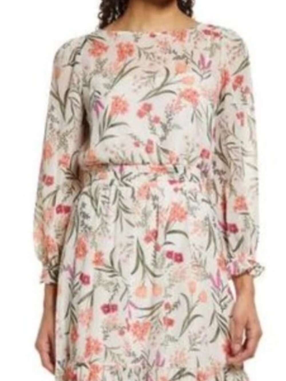 NWT Eliza J Floral Long Sleeve Tiered Mid Dress in Green/Red/White. Size 12